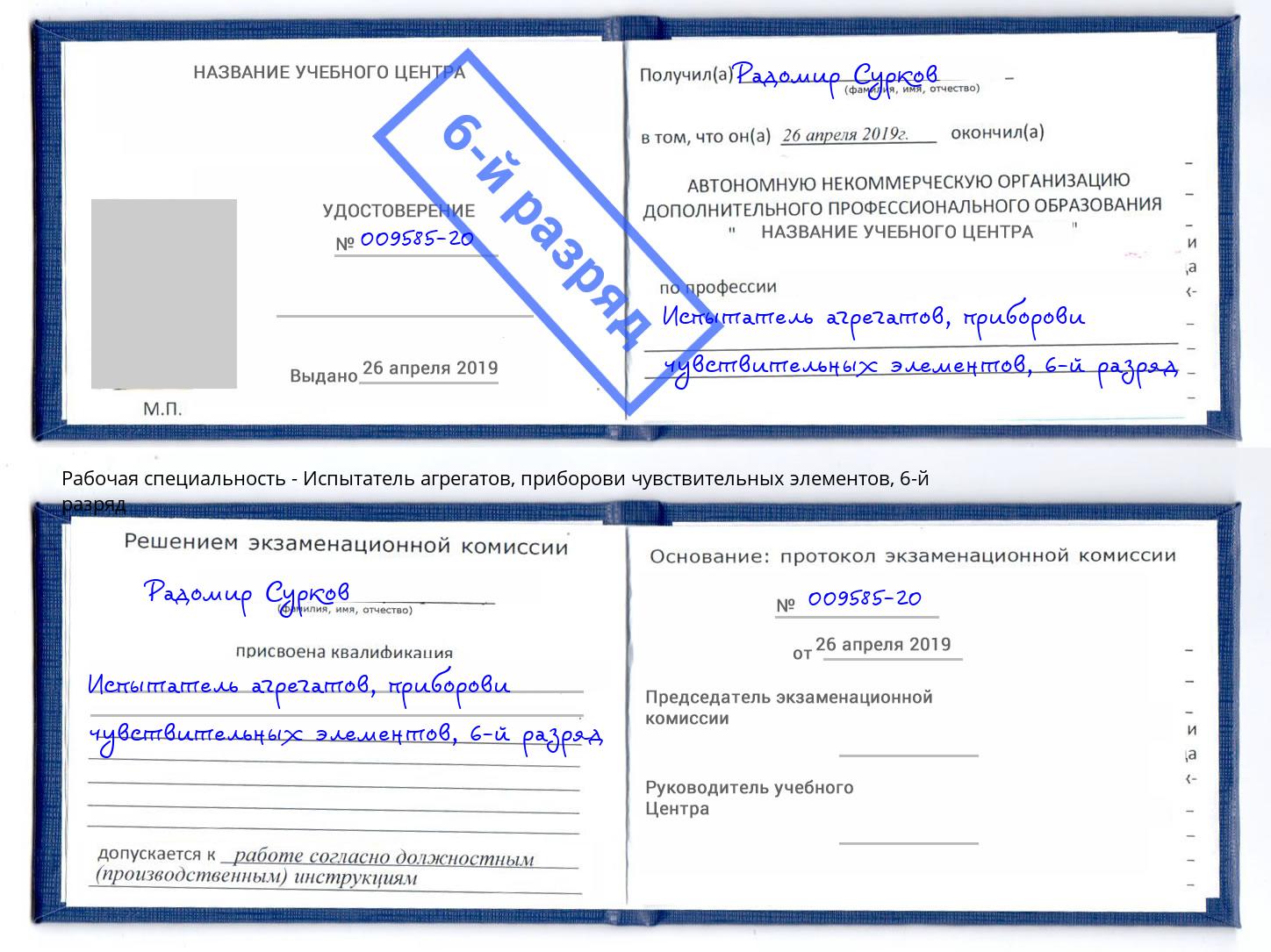 корочка 6-й разряд Испытатель агрегатов, приборови чувствительных элементов Бирск