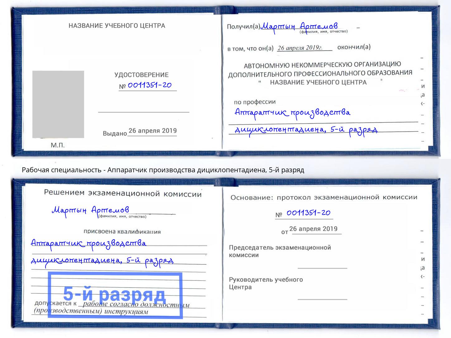 корочка 5-й разряд Аппаратчик производства дициклопентадиена Бирск