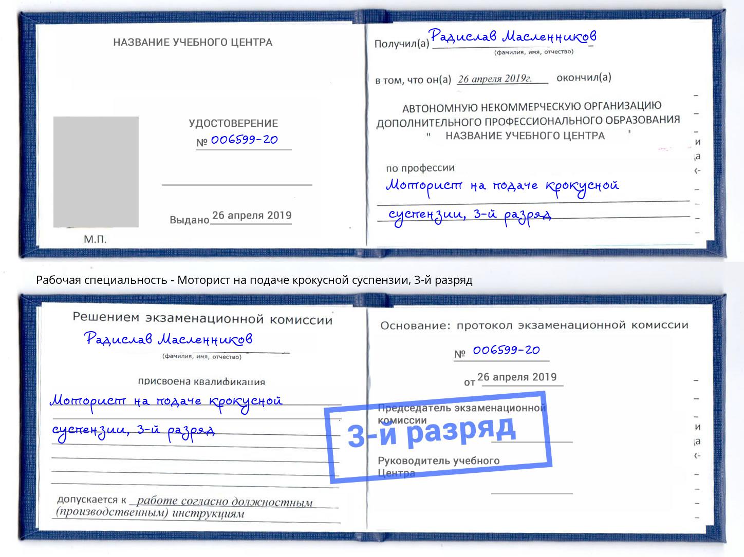 корочка 3-й разряд Моторист на подаче крокусной суспензии Бирск