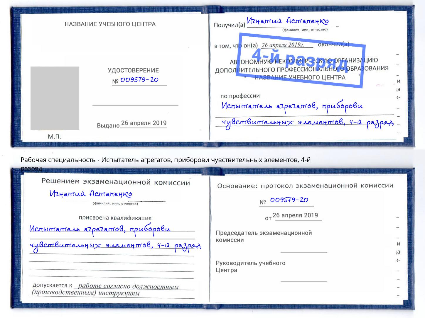 корочка 4-й разряд Испытатель агрегатов, приборови чувствительных элементов Бирск
