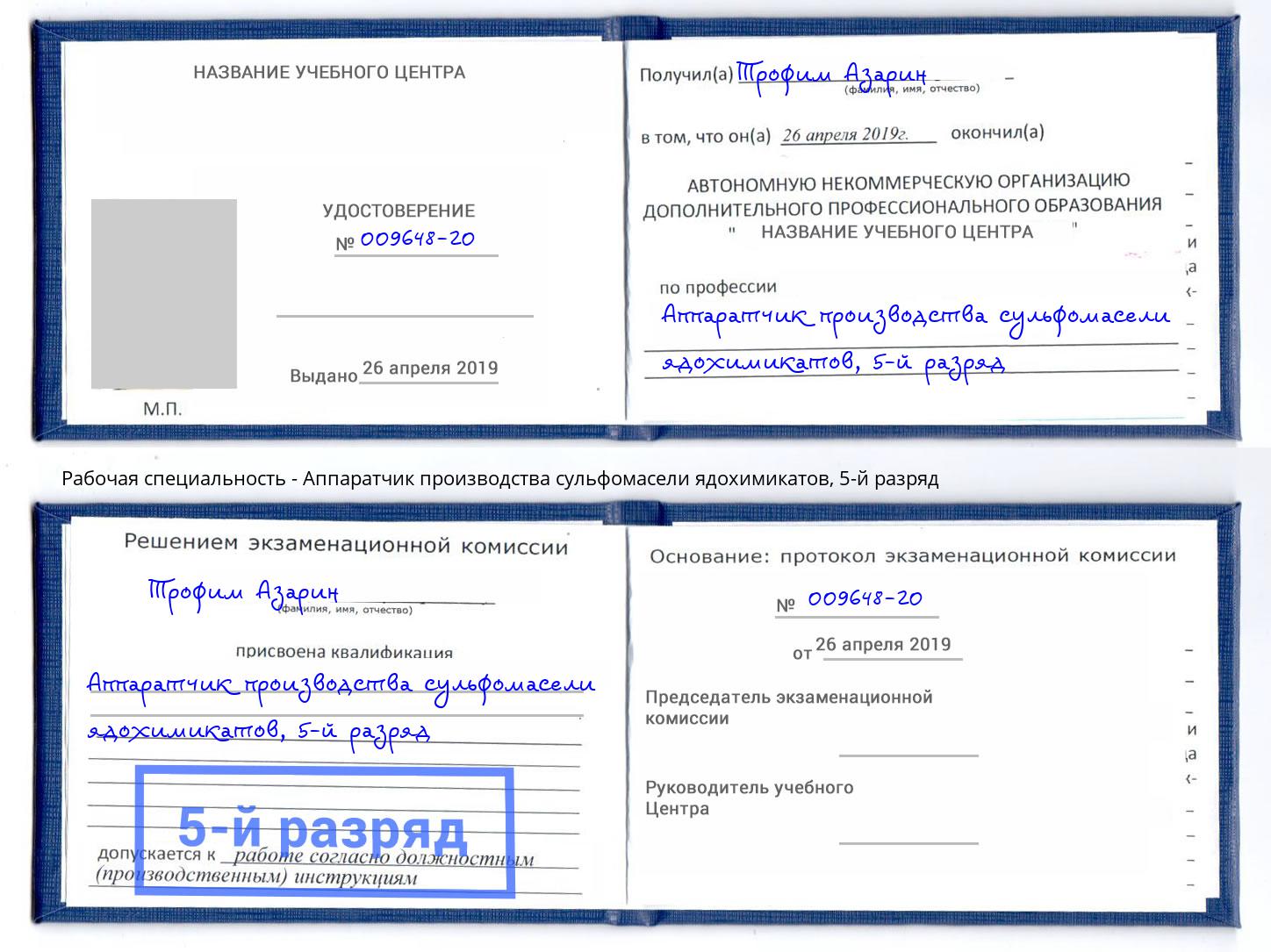 корочка 5-й разряд Аппаратчик производства сульфомасели ядохимикатов Бирск