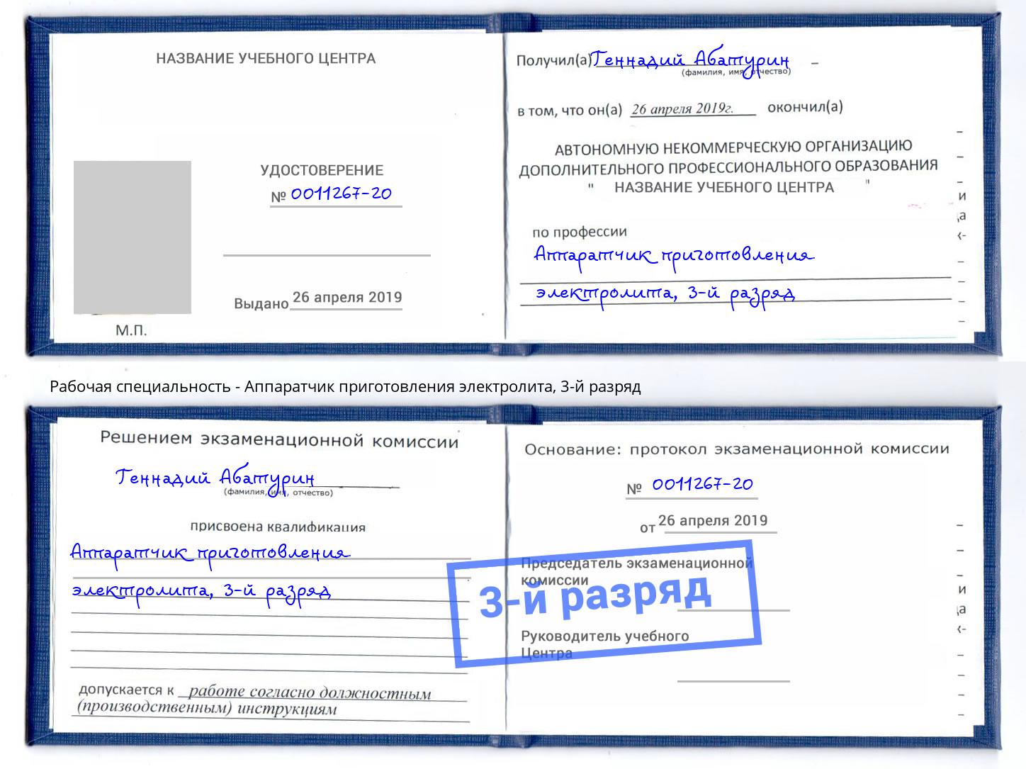 корочка 3-й разряд Аппаратчик приготовления электролита Бирск