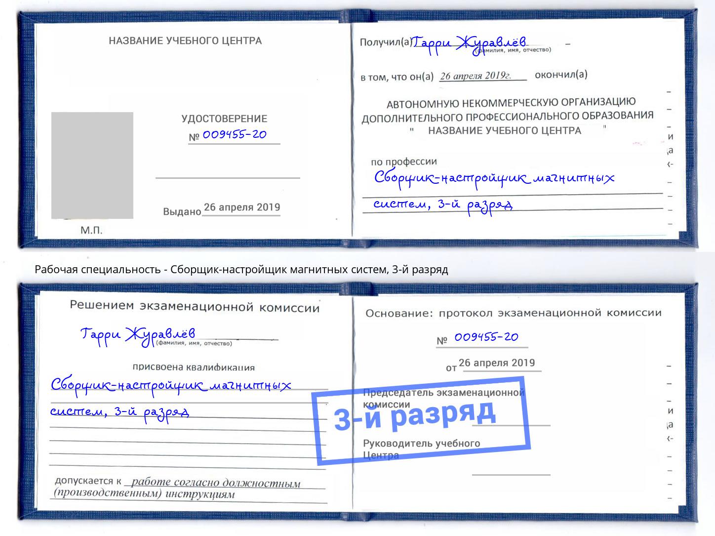 корочка 3-й разряд Сборщик-настройщик магнитных систем Бирск