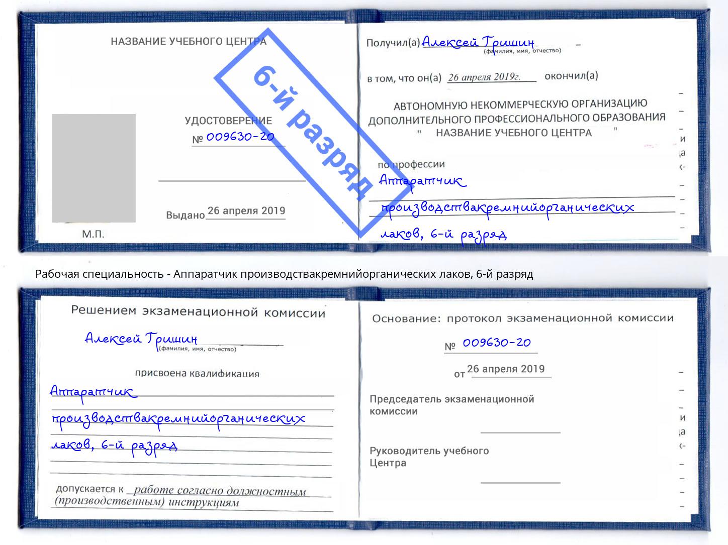 корочка 6-й разряд Аппаратчик производствакремнийорганических лаков Бирск