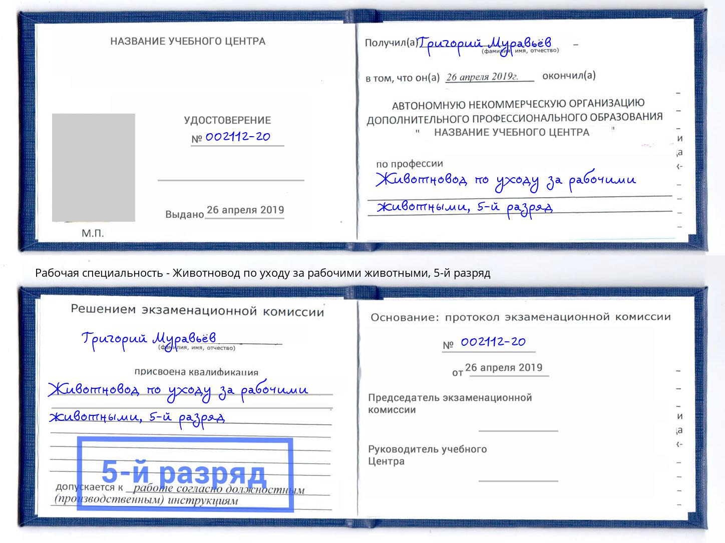 корочка 5-й разряд Животновод по уходу за рабочими животными Бирск