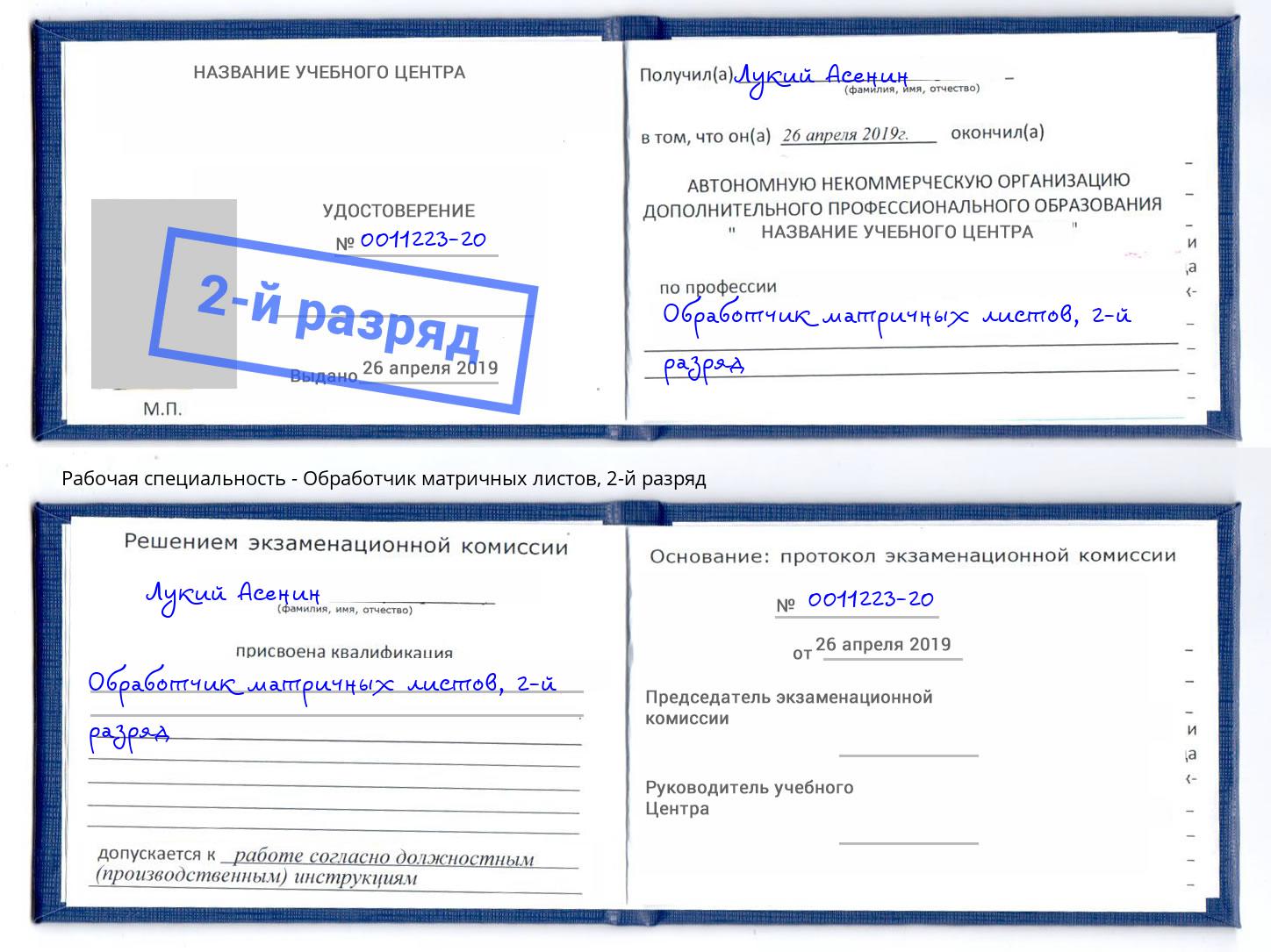 корочка 2-й разряд Обработчик матричных листов Бирск