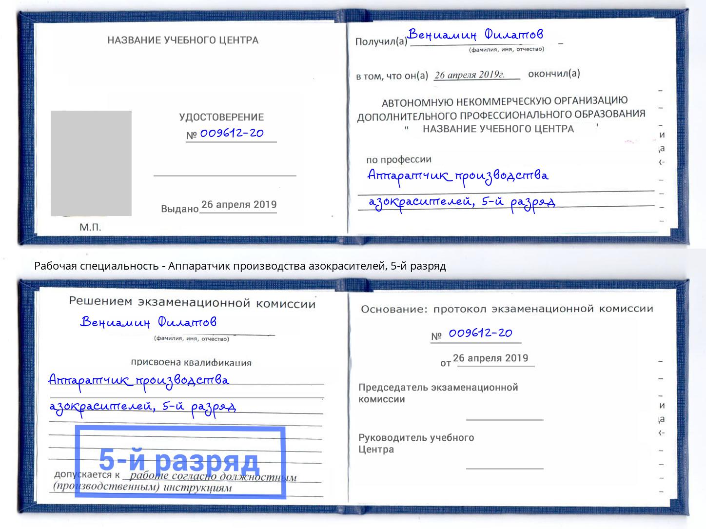 корочка 5-й разряд Аппаратчик производства азокрасителей Бирск