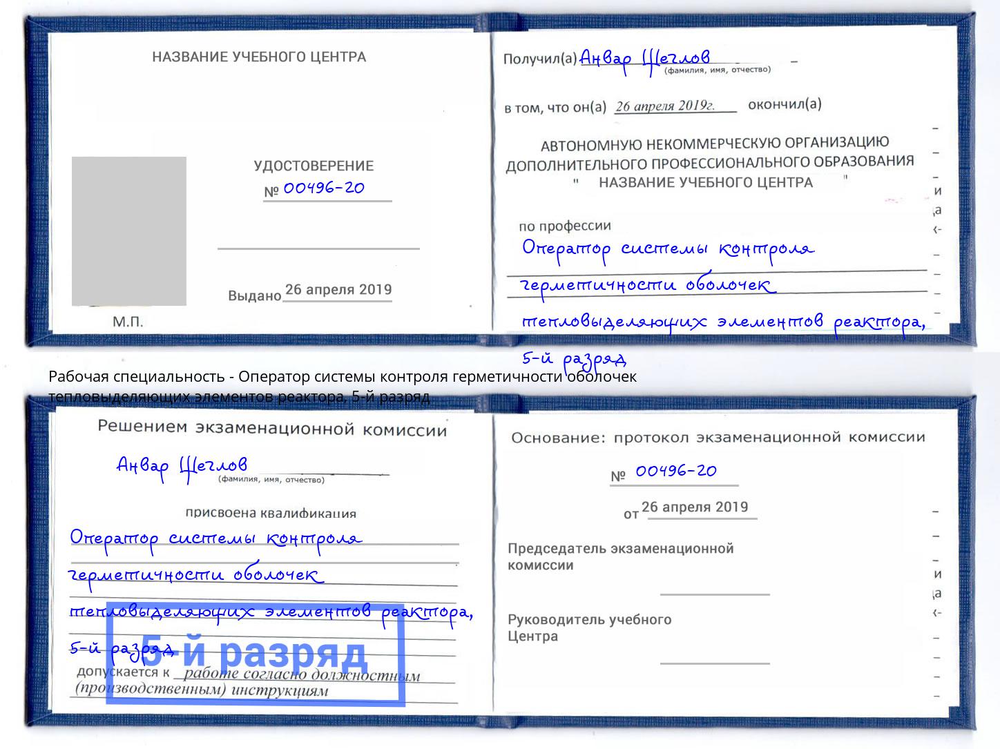 корочка 5-й разряд Оператор системы контроля герметичности оболочек тепловыделяющих элементов реактора Бирск