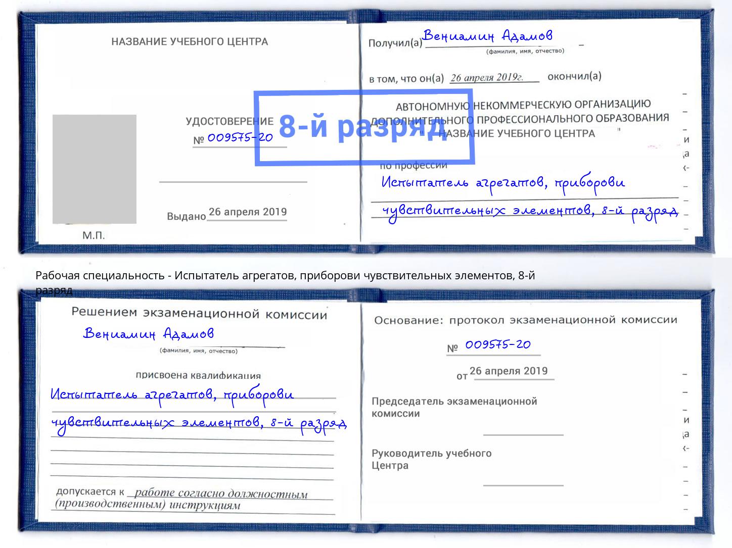 корочка 8-й разряд Испытатель агрегатов, приборови чувствительных элементов Бирск
